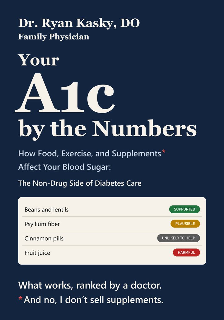 Cover of Your A1c by the Numbers: a navy cover with a cream report card grading beans and lentils SUPPORTED, psyllium fiber PLAUSIBLE, cinnamon pills UNLIKELY TO HELP and fruit juice HARMFUL